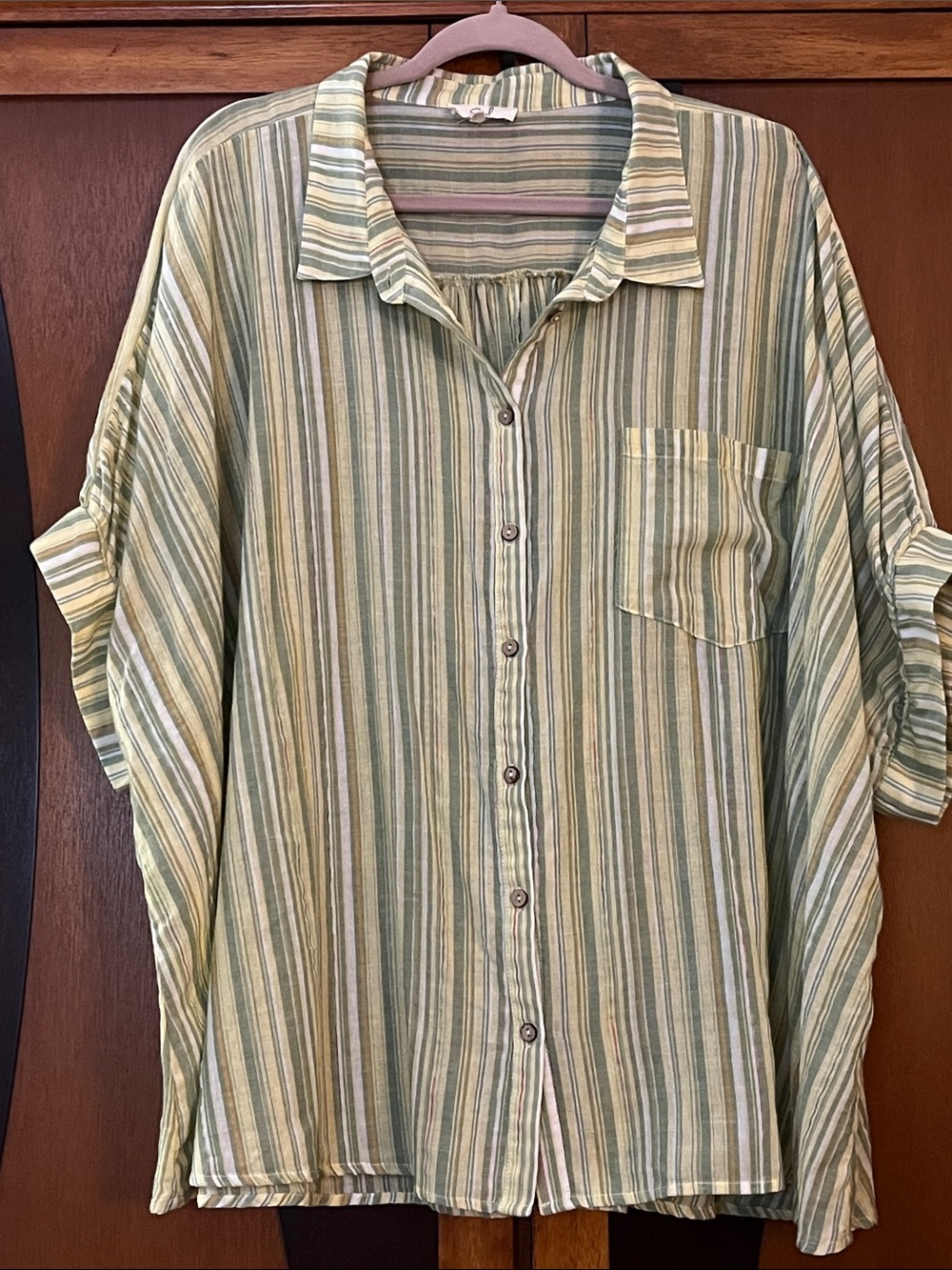 easel Oversized Green-Cream-Tan Striped Button-Down Shirt w/Banded Dolman Sleeve